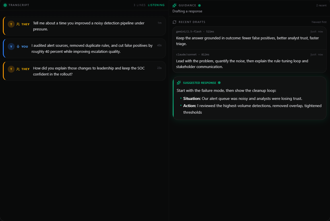 Strata Copilot showing live transcript, recent drafts, and guided response during an interview workflow.